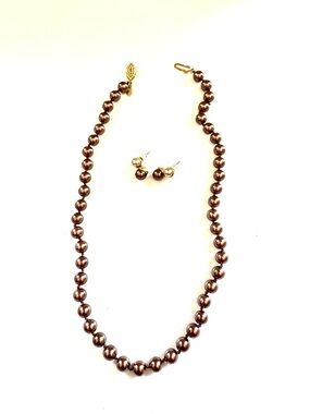 Classic RMN Bronze Pearl Necklace and Earring Set - Elegant Jewelry, Faux Pearls